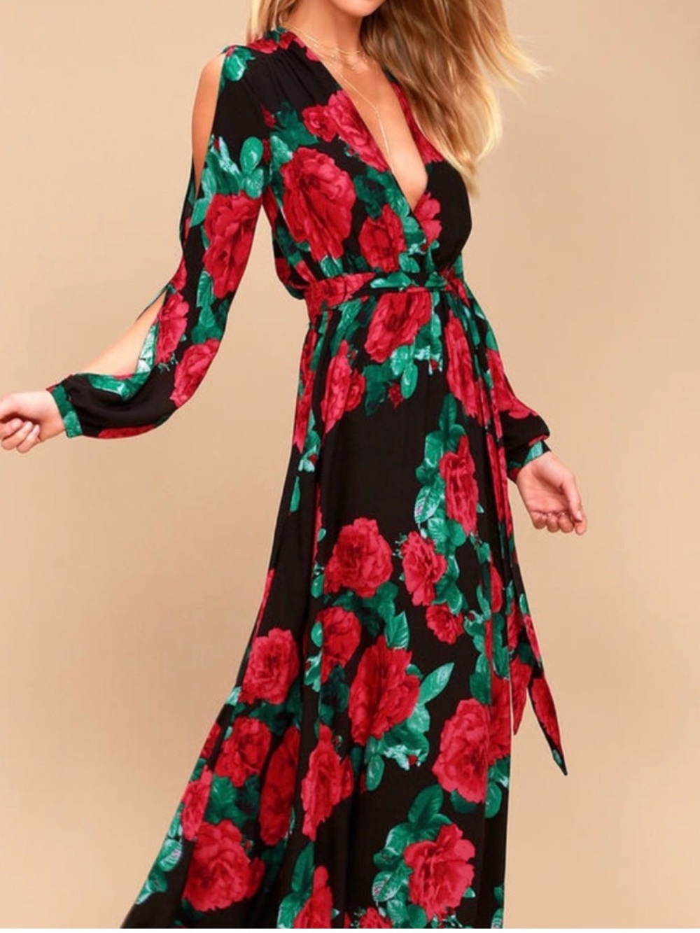 Lulu's Black Maxi Wrap Dress with Red Roses and Green Leaves - Picture 2 of 6
